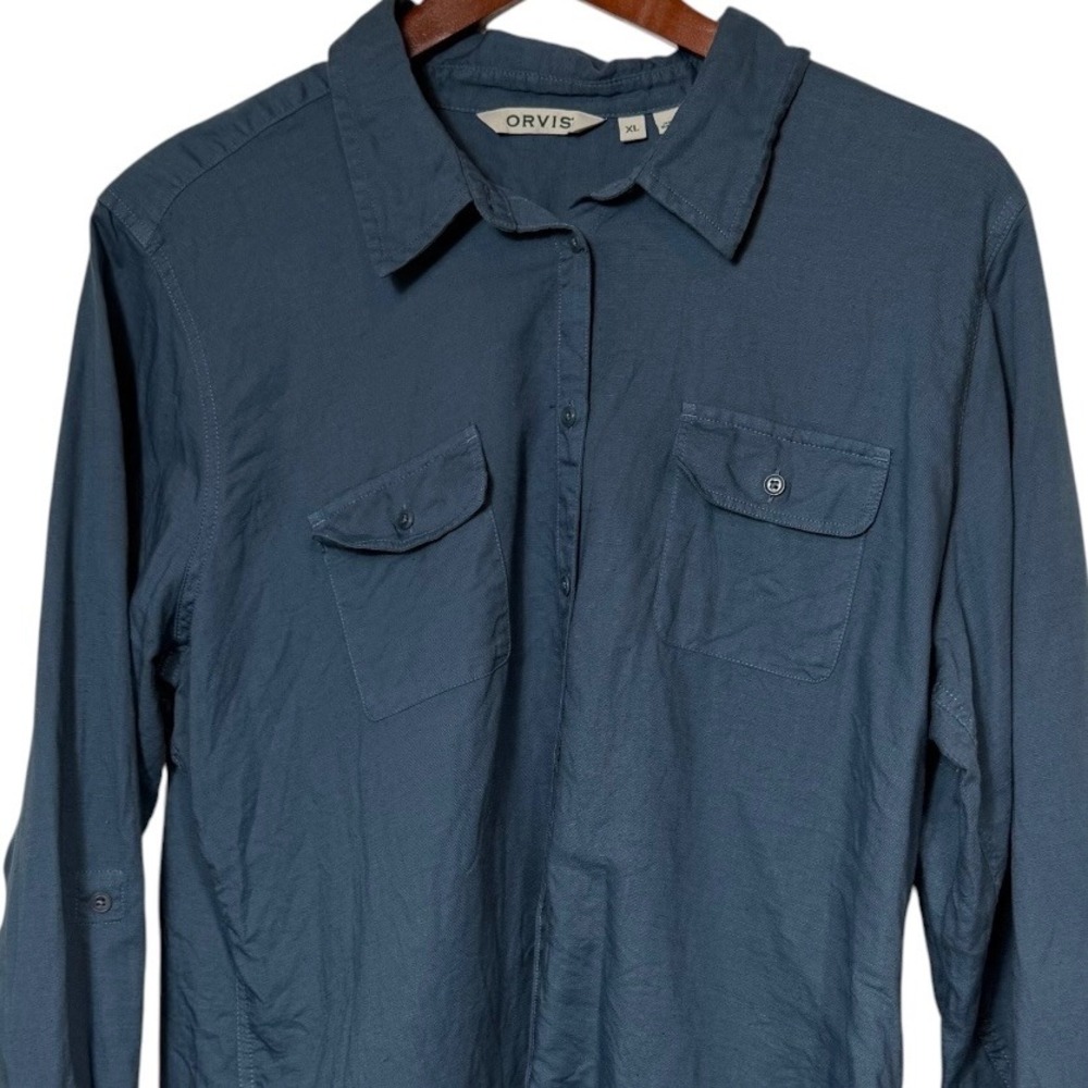 Orvis Mens XL Blue Linen Cotton Blend Long Sleeve Button Down Utility Shirt 206M